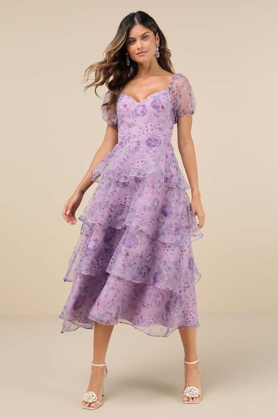 Lulus Oh-So Stunning Purple Floral Organza Tiered Midi Dress Size Medium
